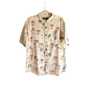 Retrofit Button Down Shirt Mens XL Cream Tropical Palm Tree Short Sleeve